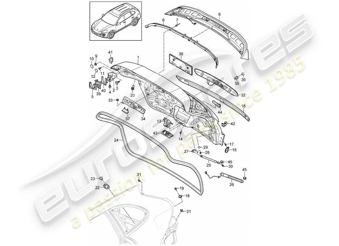 Porsche Cayenne E2 (2015) COUVERCLE DE COFFRE ARRIÈRE Diagramme de pièce
