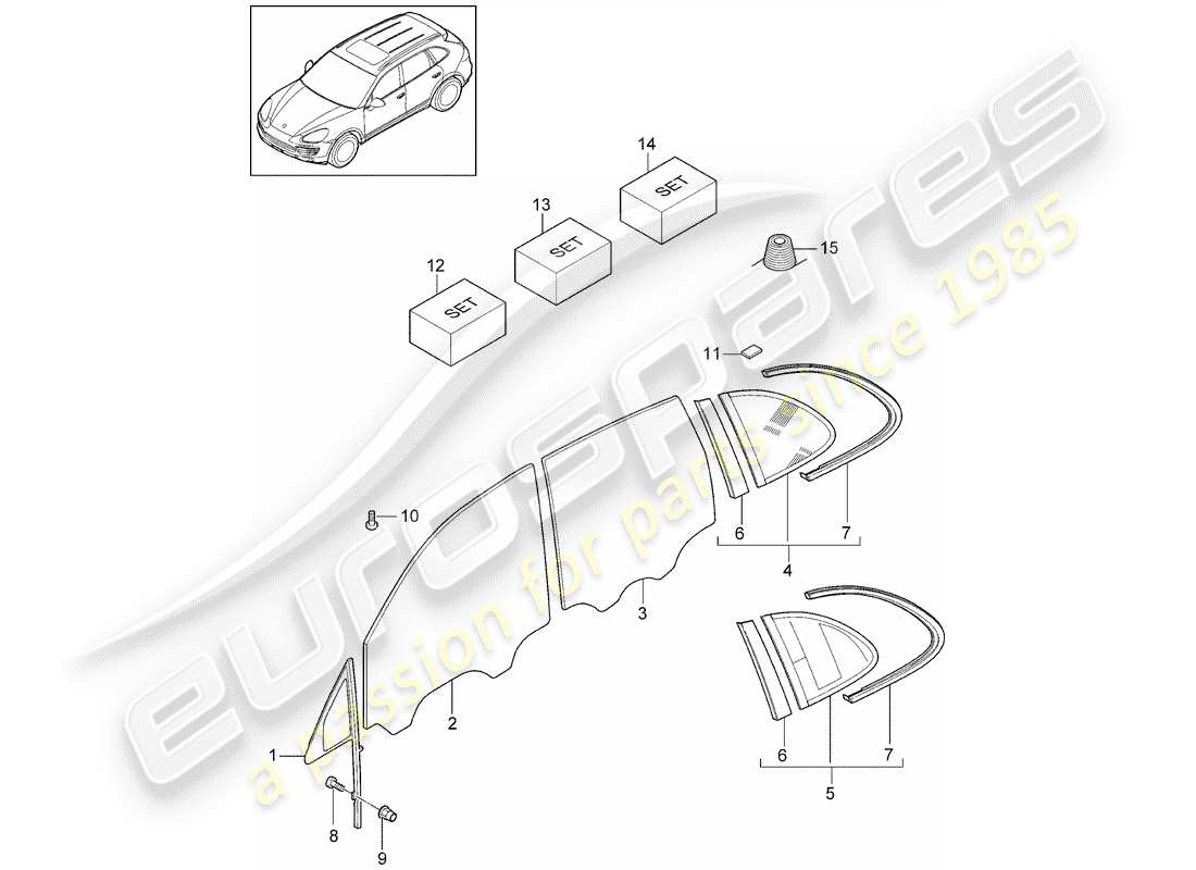 Porsche Cayenne E2 (2015) LUNETTES DE FENÊTRE Diagramme de pièce