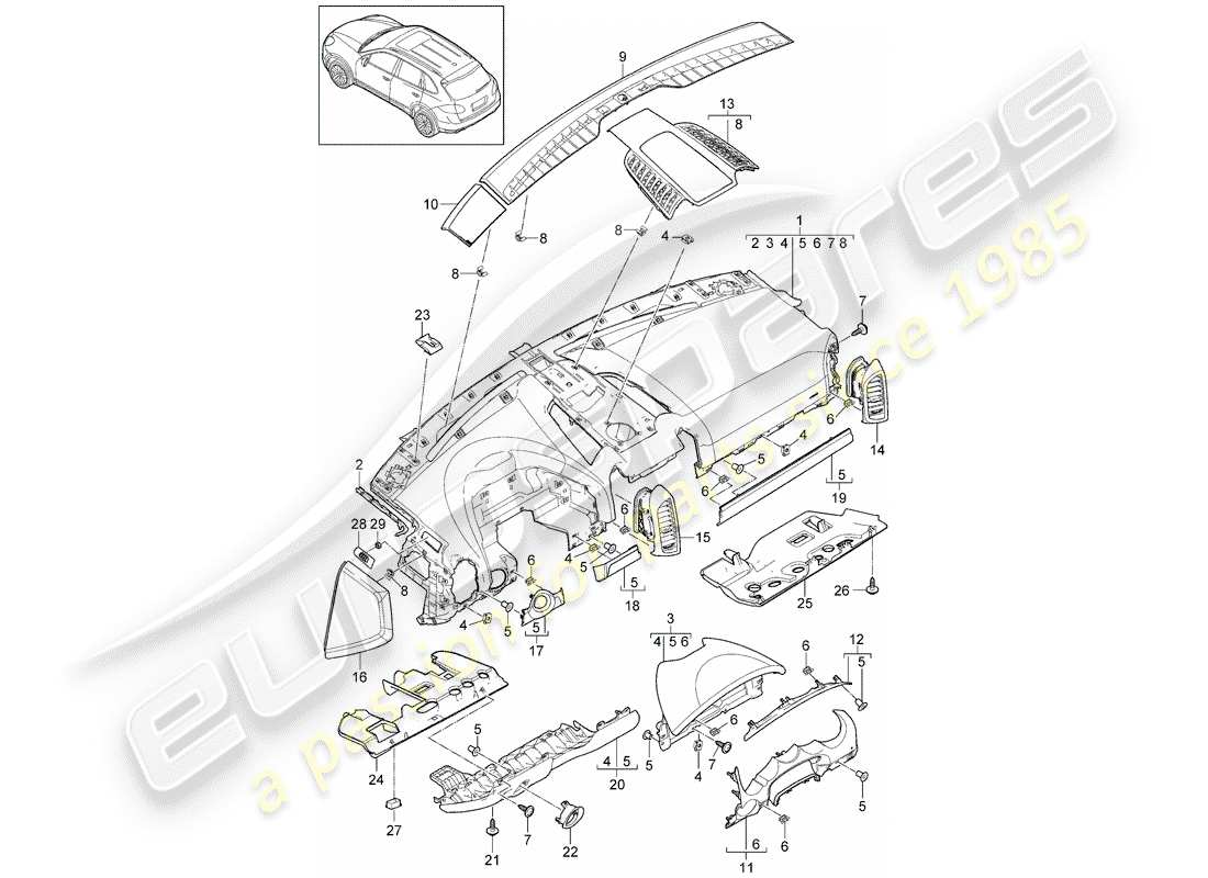 Porsche Cayenne E2 (2015) garniture du tableau de bord Diagramme de pièce