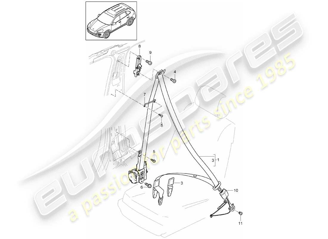 Porsche Cayenne E2 (2015) ceinture de sécurité à trois points Diagramme de pièce