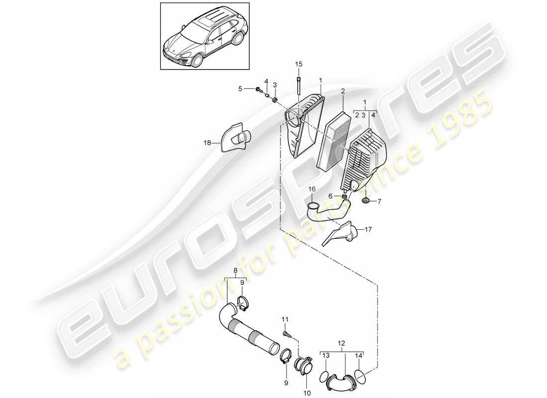 Porsche Cayenne E2 (2018) filtre à air avec connexion Diagramme de pièce