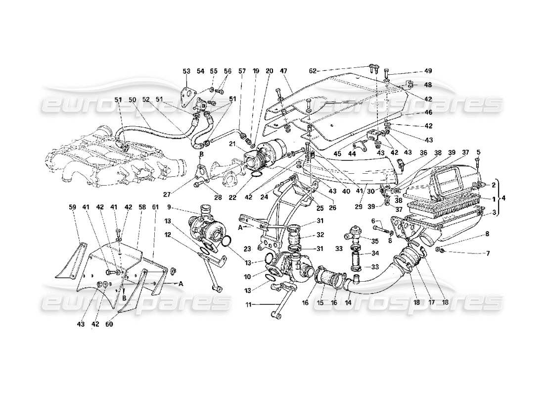 Ferrari F40 Système de suralimentation - Valable pour les voitures avec catalyseur - Schéma des pièces