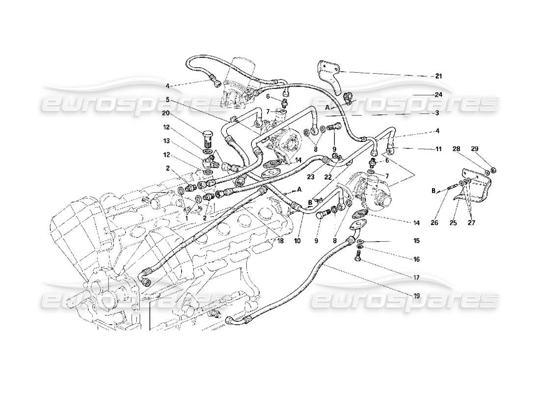 Ferrari F40 Système de lubrification et de refroidissement en suralimentation - Valable pour les voitures avec catalyseur - Schéma des pièces
