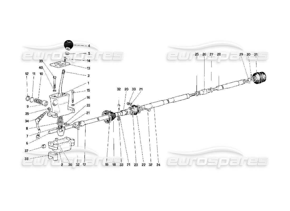 Ferrari F40 Commandes extérieures de la boîte de vitesses Diagramme de pièce