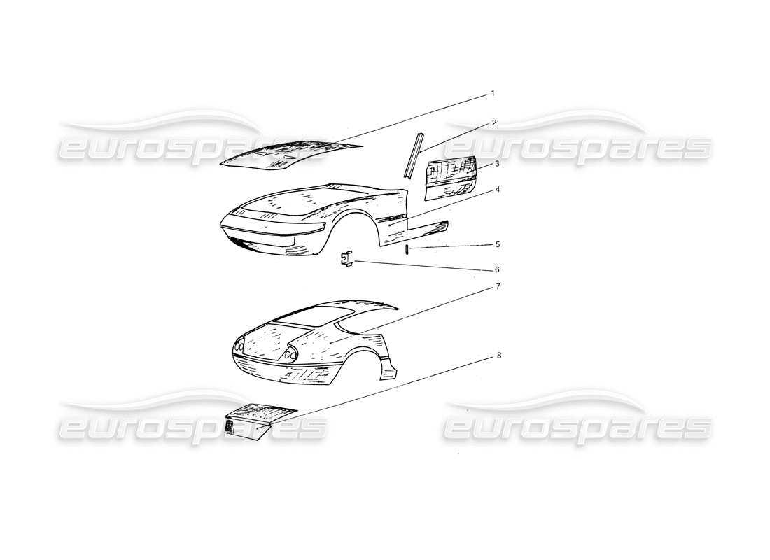 Ferrari 365 GTB4 Daytona (carrosserie) Front & Rear outer body panels Schéma des pièces