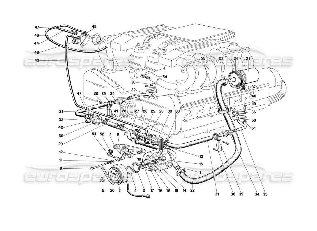 Ferrari Testarossa (1990) Schéma des pièces de la pompe à air secondaire et des conduites (pour les États-Unis et CH88)