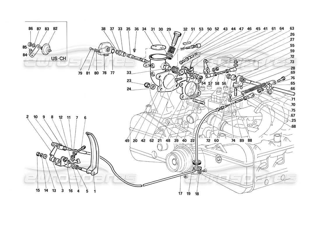 Ferrari Testarossa (1990) Commande des gaz Schéma des pièces