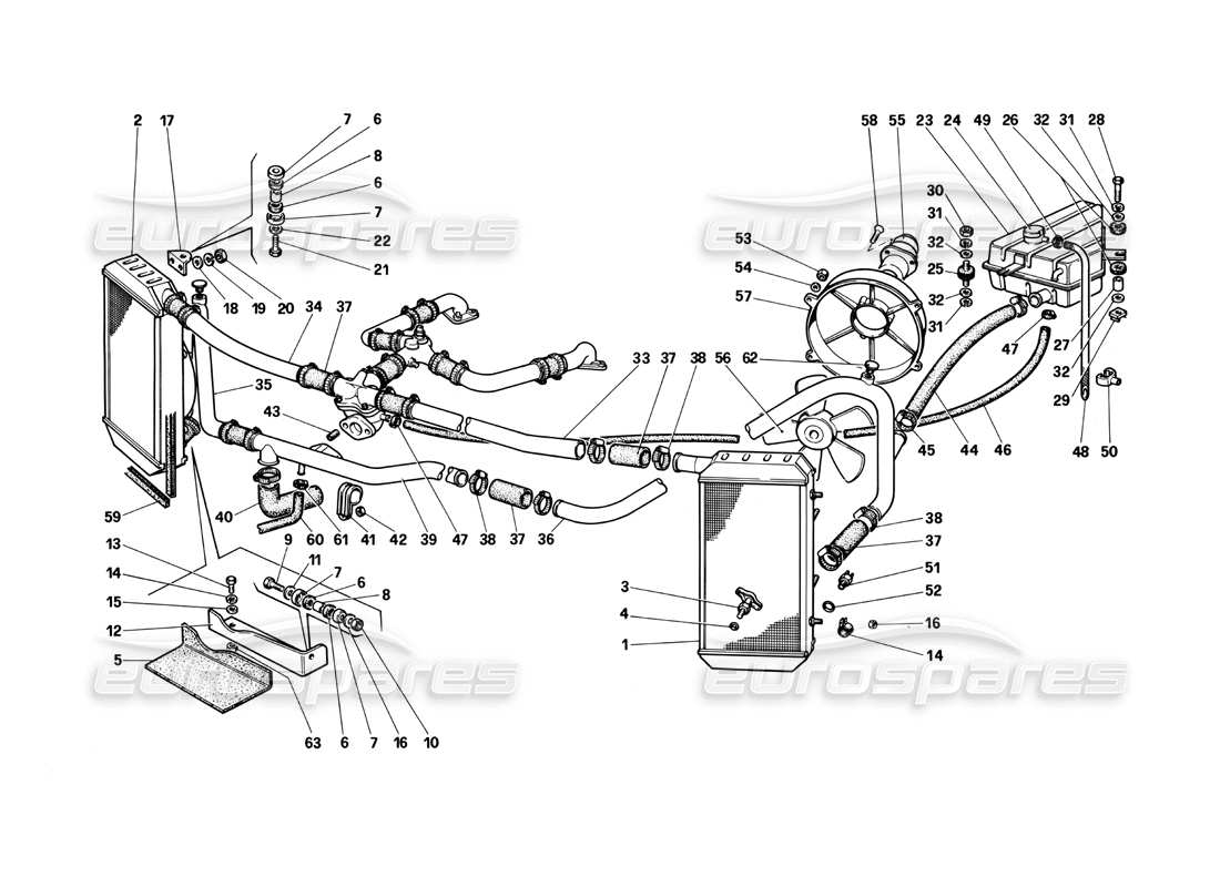 Ferrari Testarossa (1990) Système de refroidissement Schéma des pièces