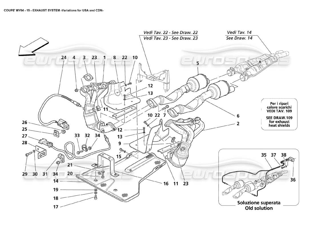 Maserati 4200 Coupé (2004) Variations du système d'échappement pour les États-Unis et le Canada Schéma des pièces