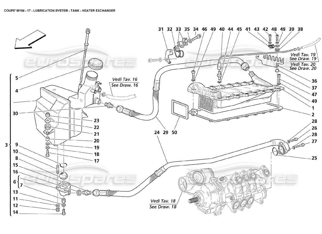Maserati 4200 Coupé (2004) Échangeur de chauffage de réservoir de système de lubrification Schéma des pièces