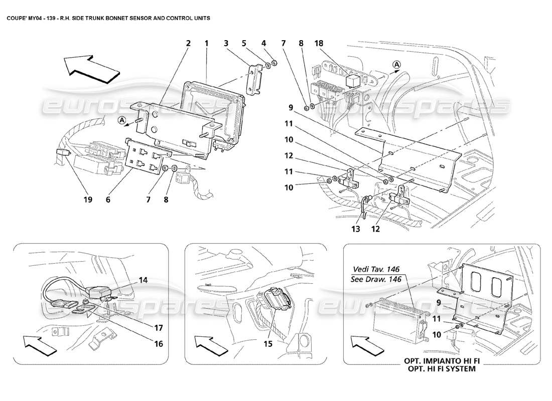 Maserati 4200 Coupé (2004) Capteur de capot de coffre latéral droit et diagramme de pièces des unités de commande