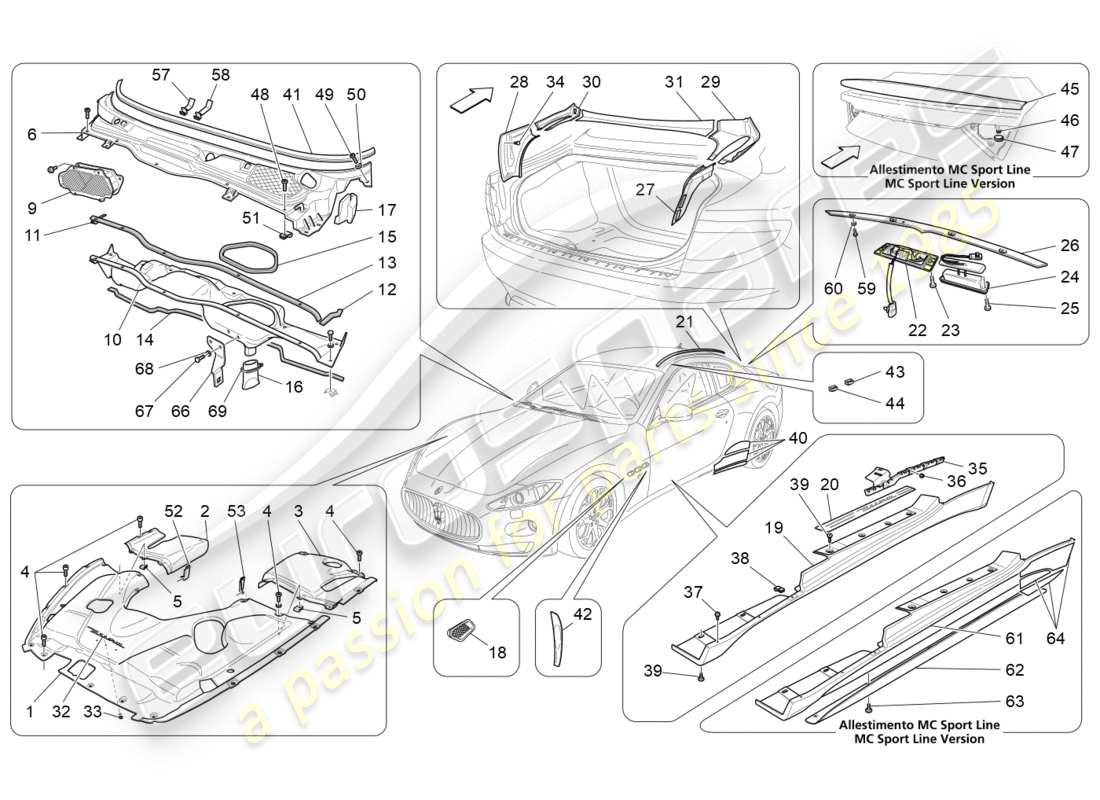 Maserati GranTurismo (2009) boucliers, garnitures et panneaux de revêtement Diagramme de pièce
