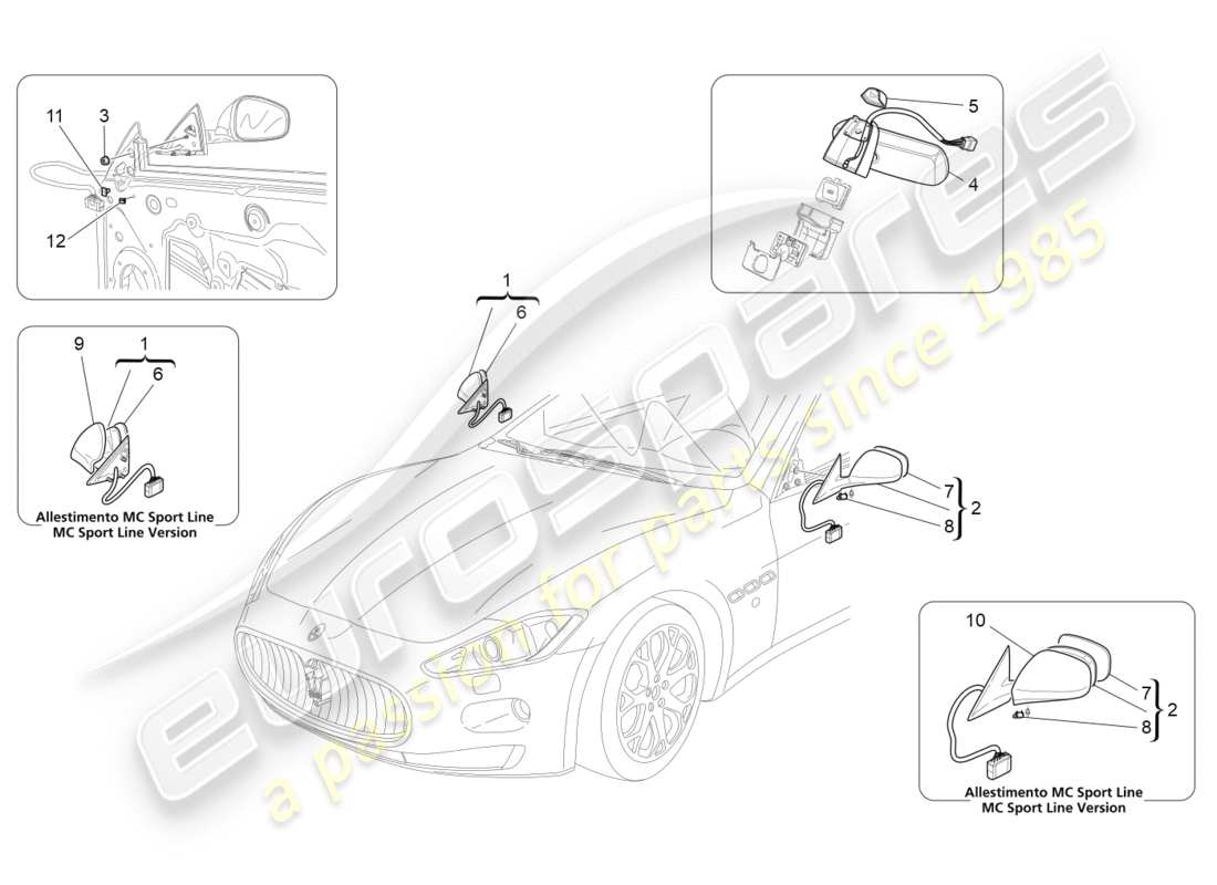 Maserati GranTurismo (2011) rétroviseurs intérieurs et extérieurs Diagramme de pièce
