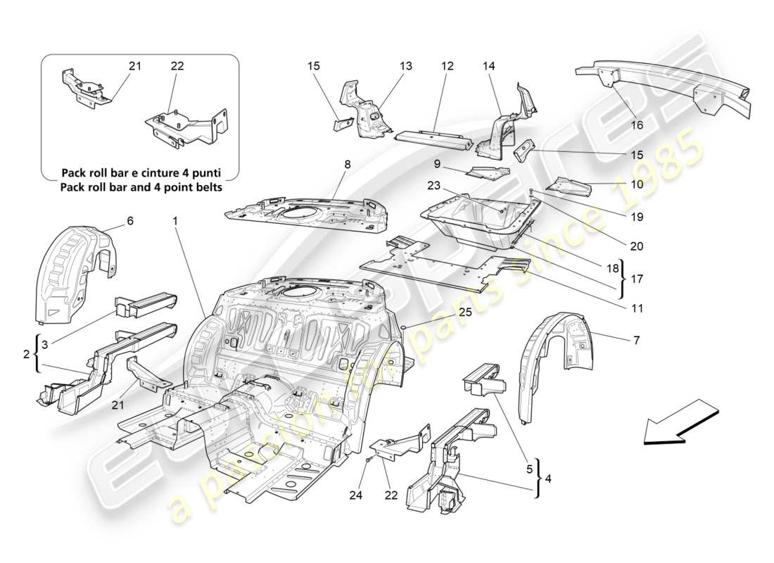 Maserati QTP 3.0 TDS V6 275HP (2015) CADRES STRUCTURELS ARRIÈRE ET PANNEAUX EN TÔLE Diagramme de pièce