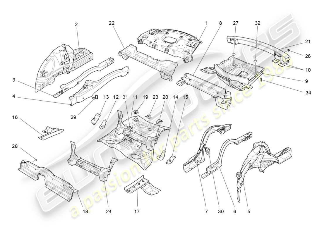 Maserati QTP 3.0 TDS V6 275HP (2015) CADRES STRUCTURELS ARRIÈRE ET PANNEAUX EN TÔLE Diagramme de pièce