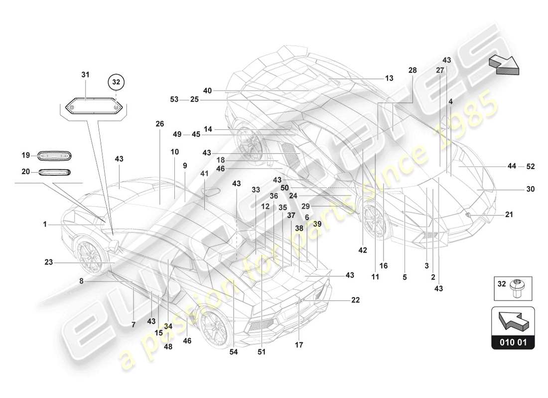 Lamborghini LP700-4 ROADSTER (2016) PLAQUES SIGNALÉTIQUES Schéma des pièces
