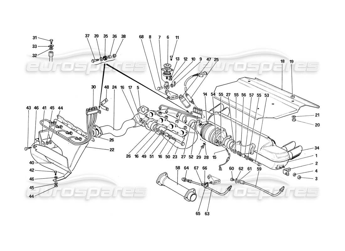 Ferrari 328 (1988) Schéma des pièces du système d'échappement (pour les versions US - SA - CH87 et CH88)