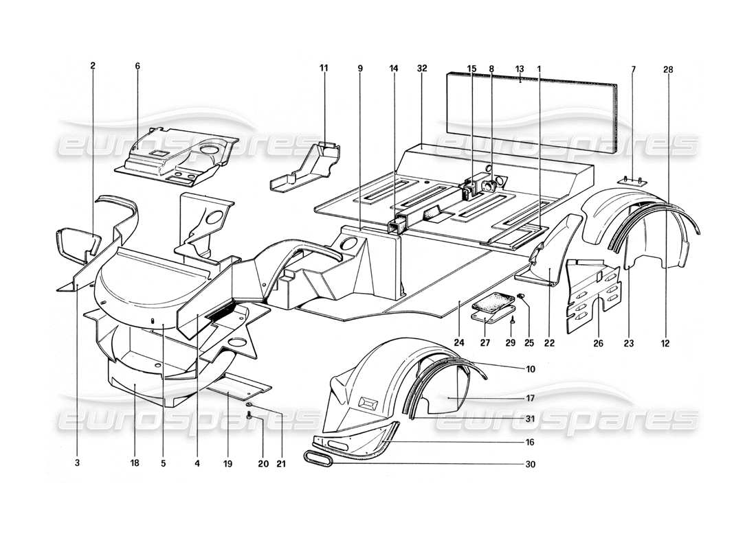 Ferrari 512 BBi Carrosserie - Éléments intérieurs Schéma des pièces