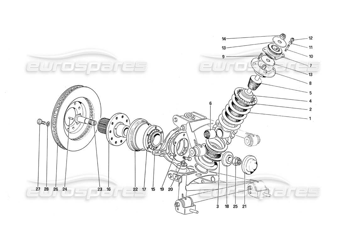 ferrari 288 gto suspension avant - amortisseur et disque de frein schéma des pièces