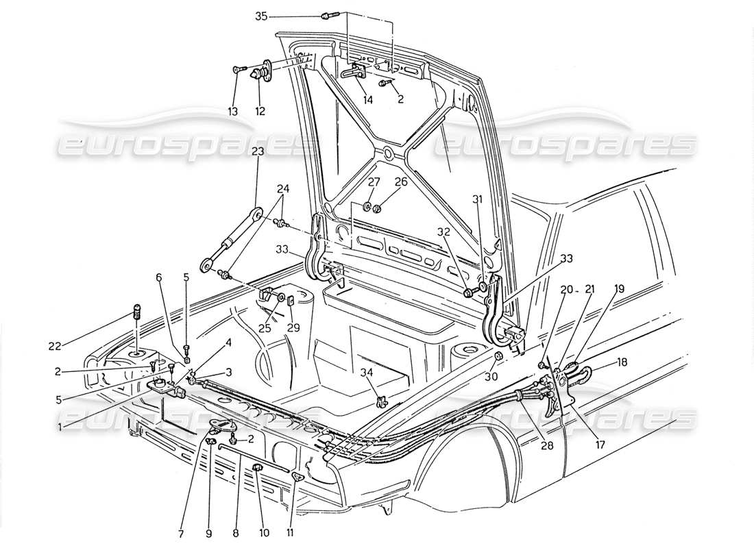 maserati 2.24v capot : schéma des pièces de charnières et de déverrouillage du capot
