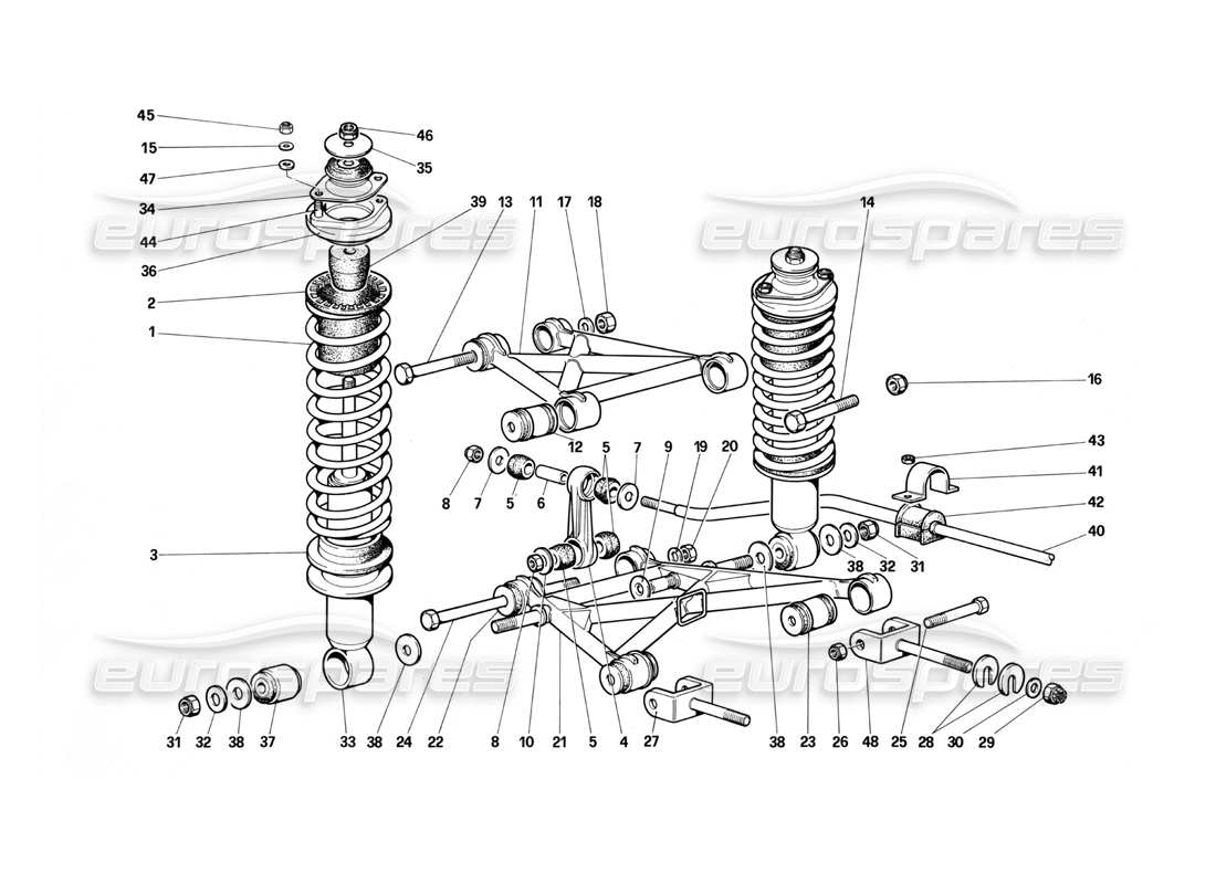 ferrari testarossa (1987) suspension arrière - triangles et amortisseurs schéma des pièces