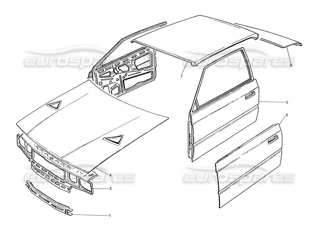 maserati 222 / 222e biturbo coque de carrosserie : panneau avant, panneau de toit, portes, diagramme de pièce du couvercle de coffre.