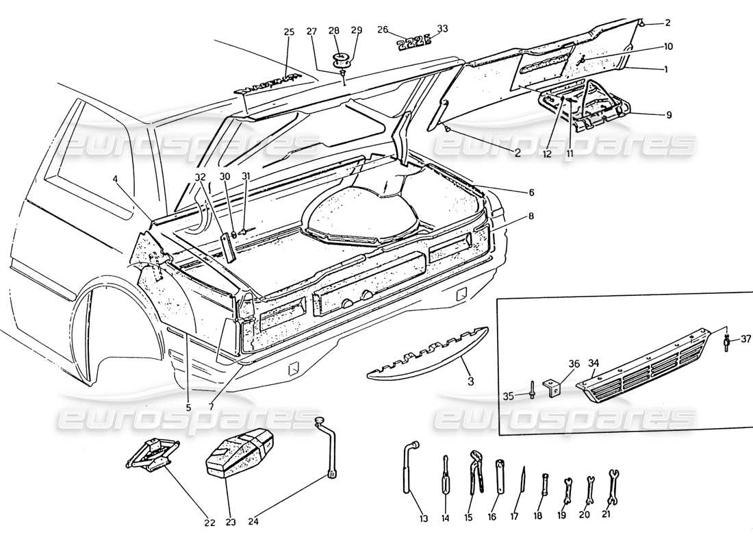 maserati 222 / 222e biturbo botte : diagramme des pièces des badges, des tapis et des outils