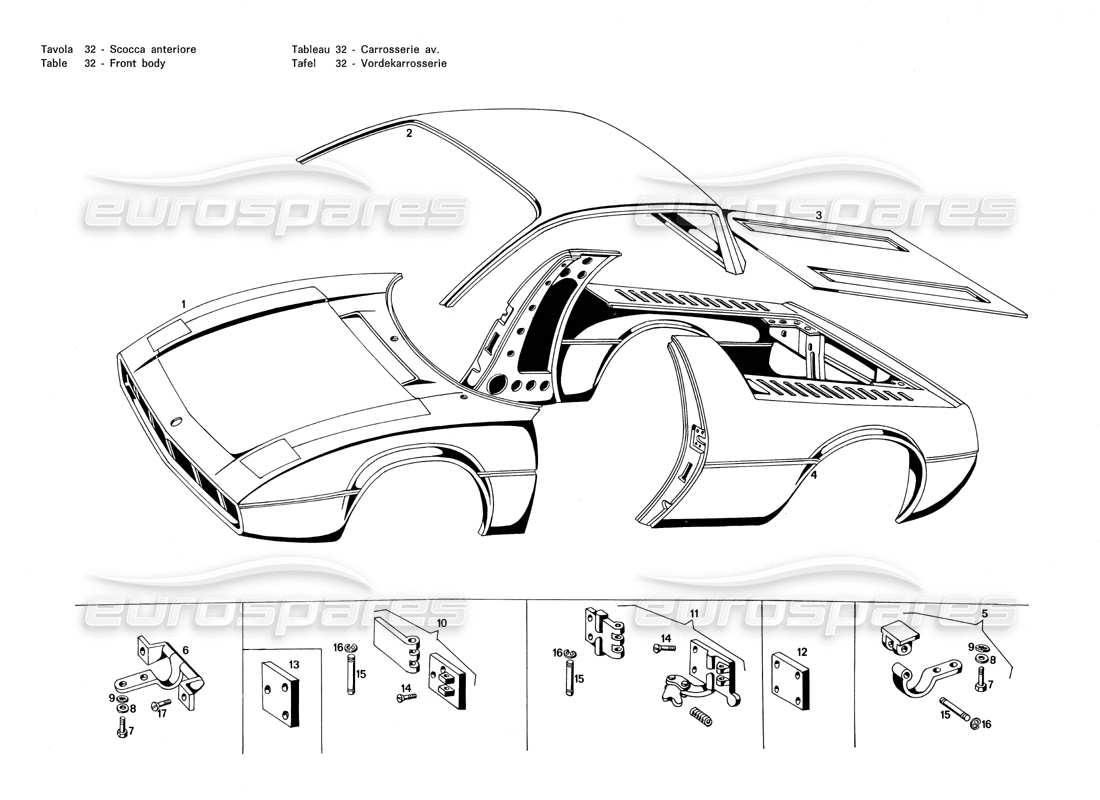 maserati merak 3.0 diagramme de la partie avant du corps