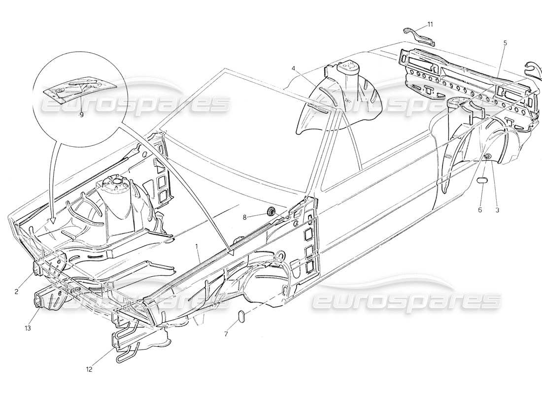 maserati biturbo spider coque de carrosserie : diagramme de pièces des panneaux intérieurs