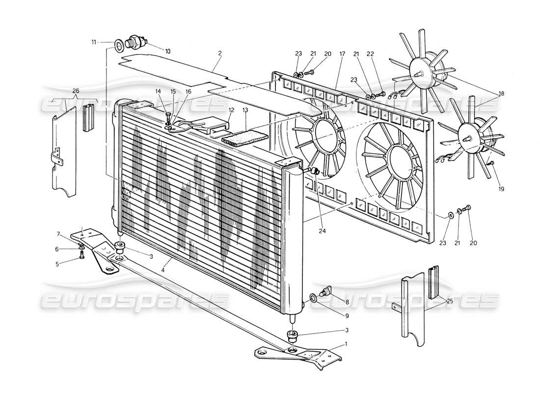 maserati biturbo spider schéma des pièces du radiateur et des ventilateurs de refroidissement