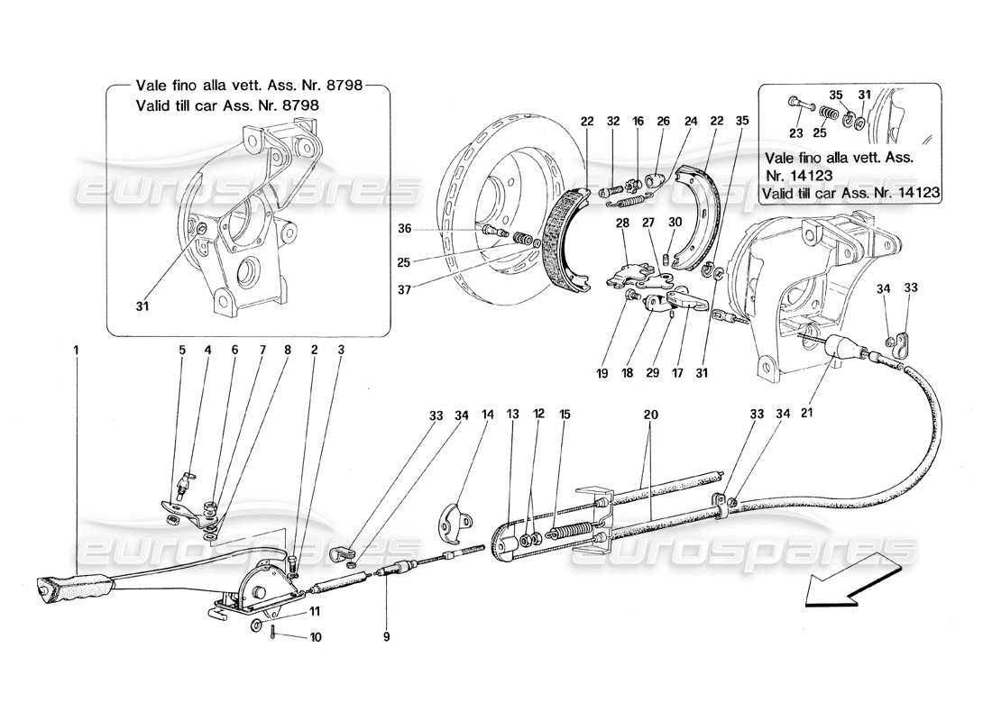 ferrari 348 (1993) tb / ts schéma des pièces de commande du frein à main