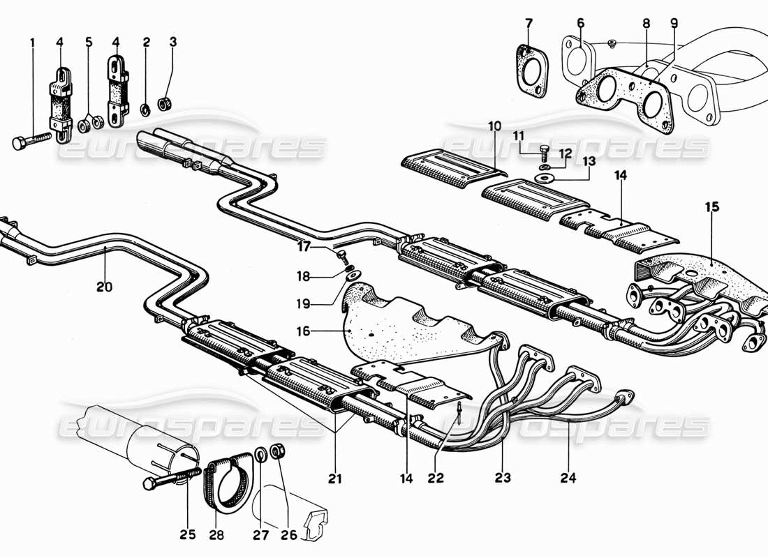 ferrari 365 gt 2+2 (mechanical) schéma des pièces d'assemblage des tuyaux d'échappement