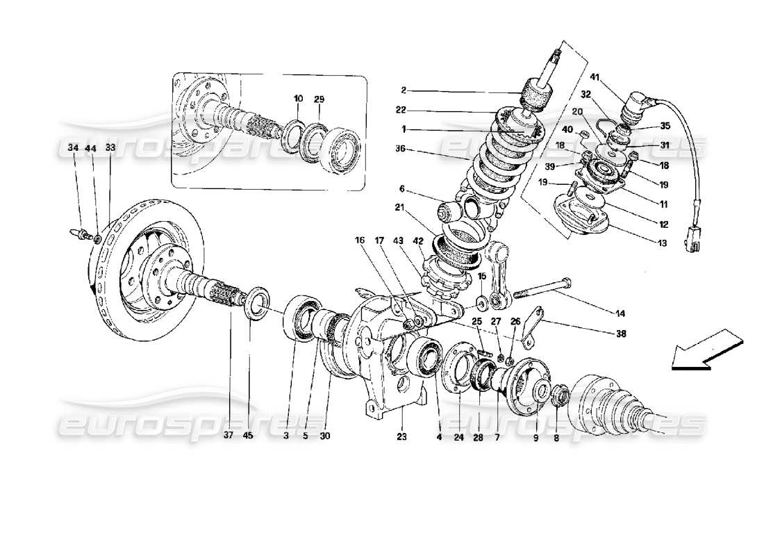 ferrari mondial 3.4 t coupe/cabrio suspension arrière - amortisseur et disque de frein schéma des pièces