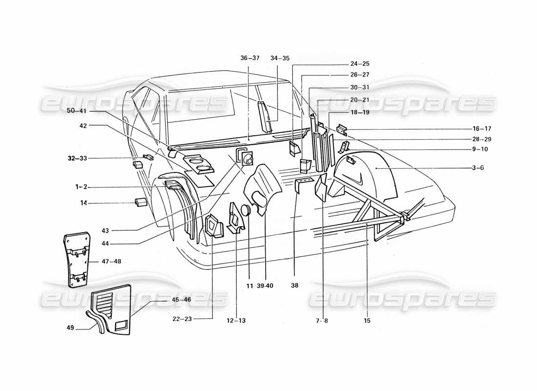 ferrari 412 (coachwork) schéma des pièces des boucliers et panneaux intérieurs avant