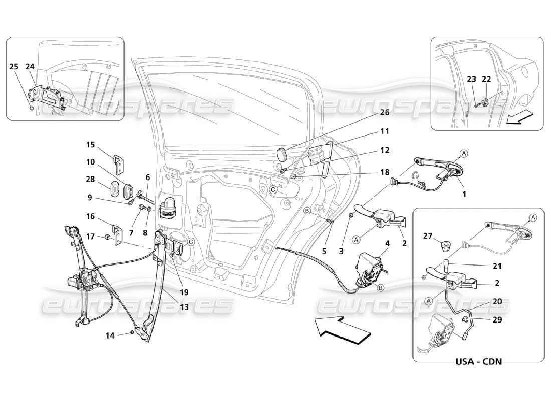 maserati qtp. (2006) 4.2 portes arrière : schéma des pièces des dispositifs de mouvement