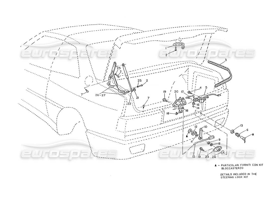 maserati ghibli 2.8 (non abs) couvercle de coffre - charnières, diagramme de pièce des commandes d'ouverture