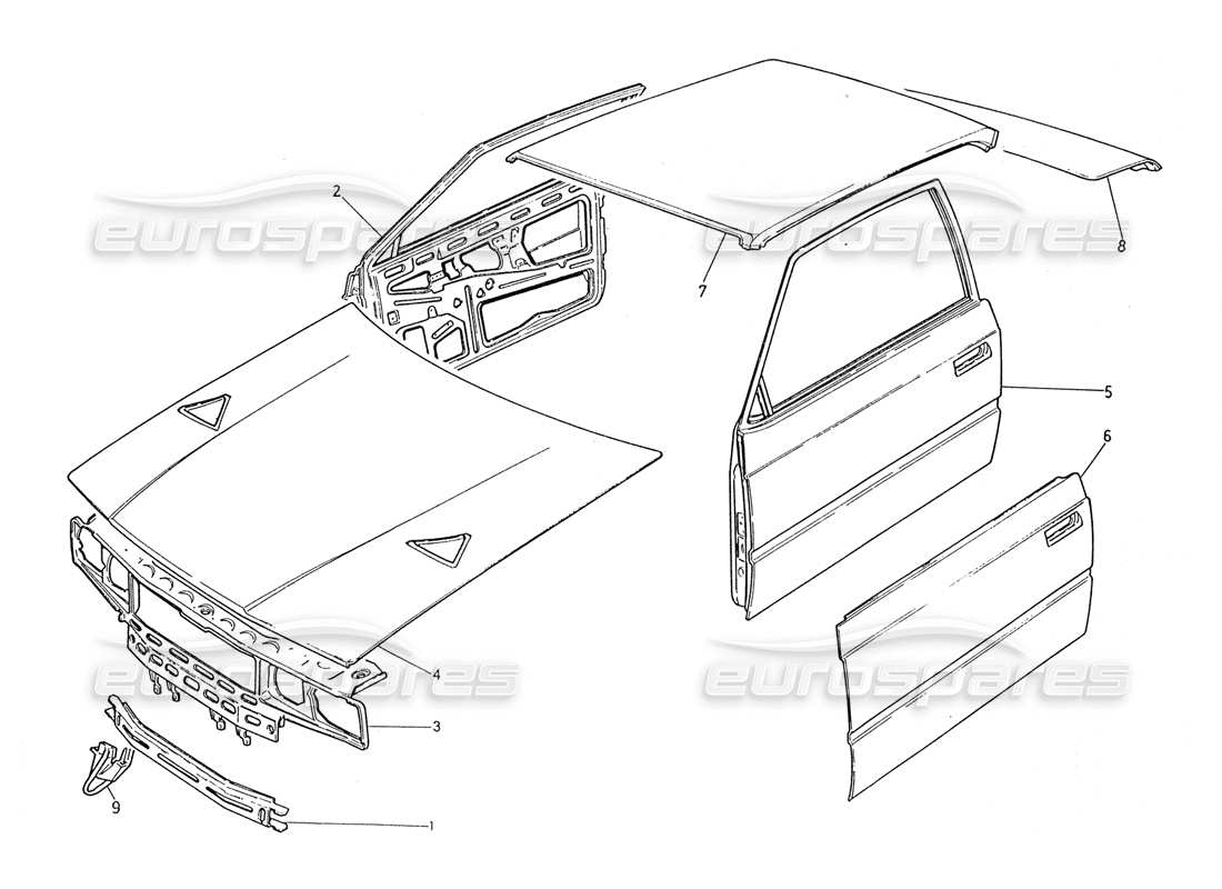 maserati 2.24v coque de carrosserie : panneau avant, panneau de toit, portes, capot, couvercle de coffre, diagramme de pièces