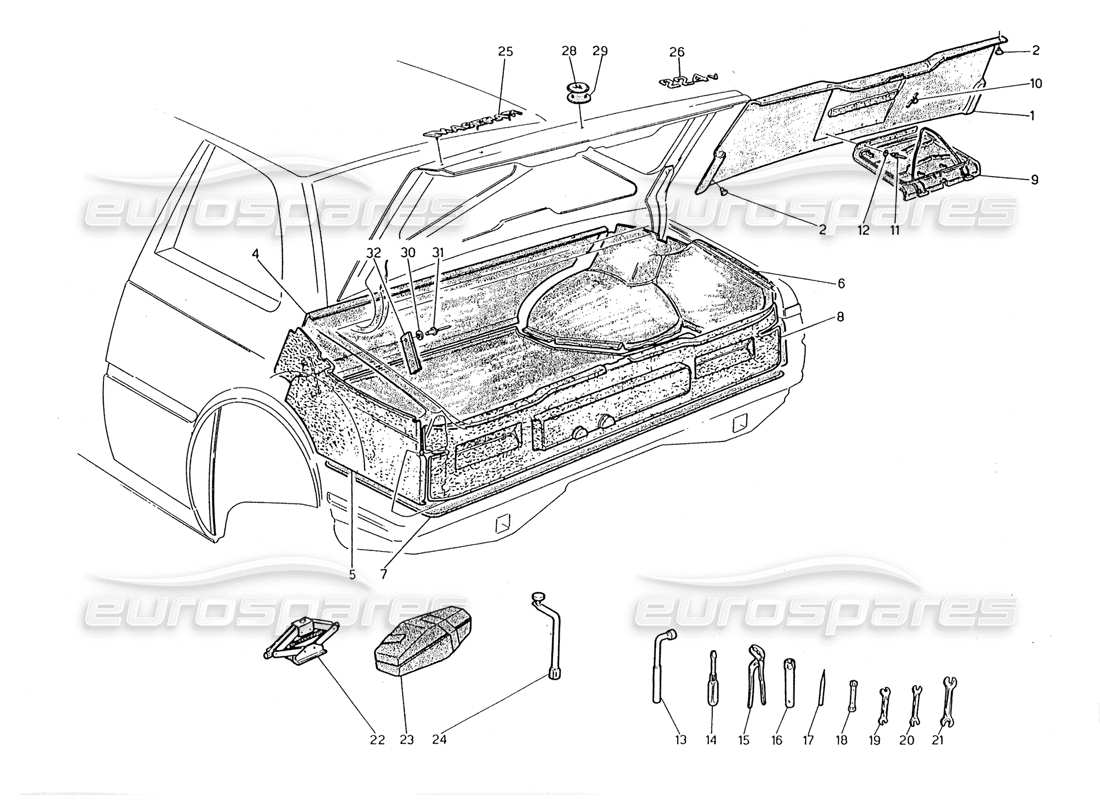 maserati 2.24v botte : diagramme des pièces des badges, des tapis et des outils