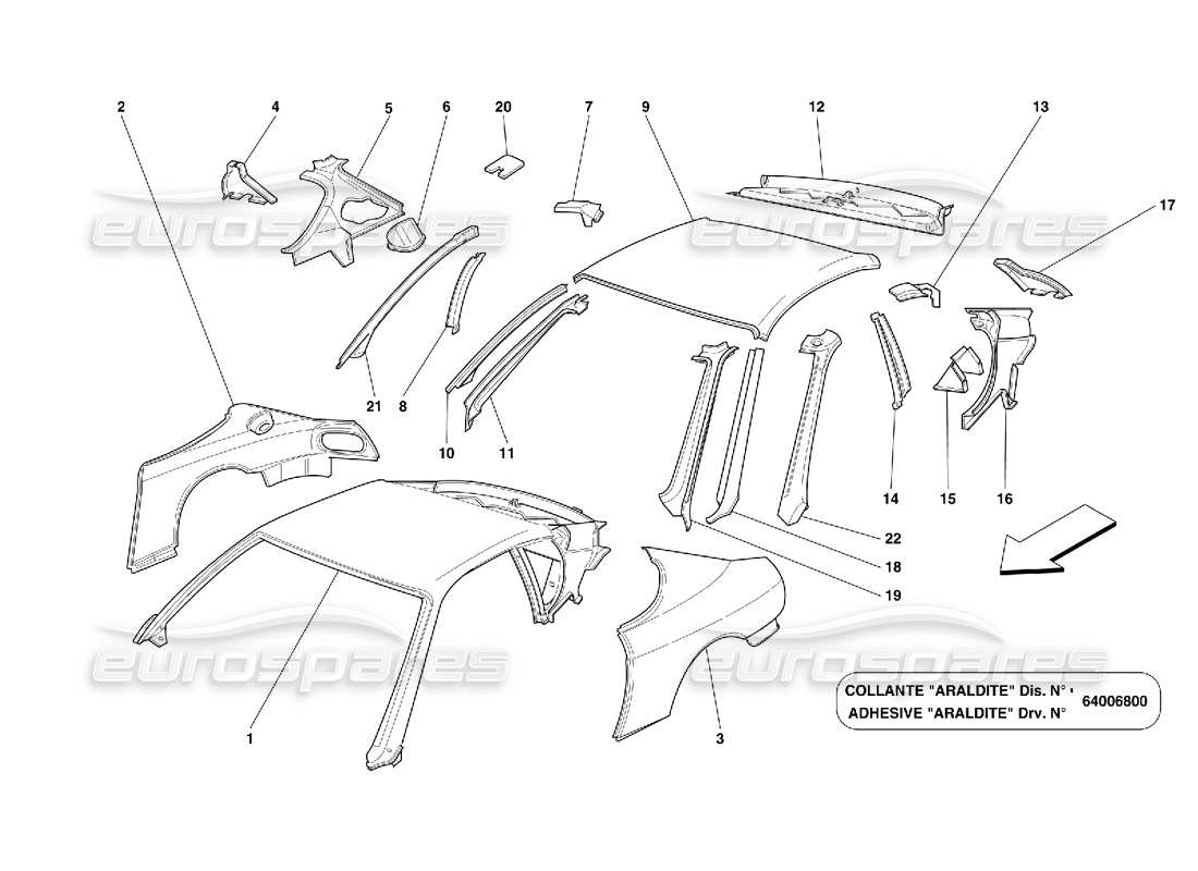 ferrari 456 gt/gta diagramme des pièces des structures et composants des panneaux de toit