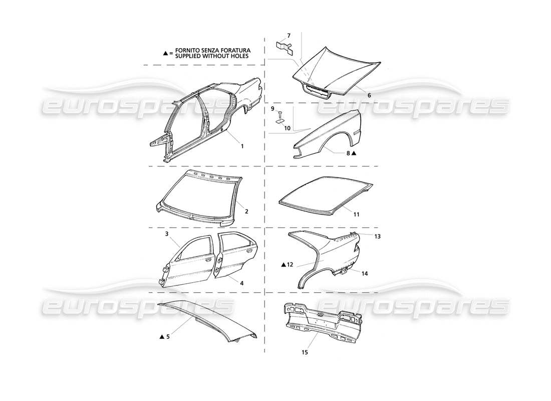 maserati qtp v8 evoluzione coque de carrosserie : diagramme des pièces du panneau avant et des passages de roues intérieurs
