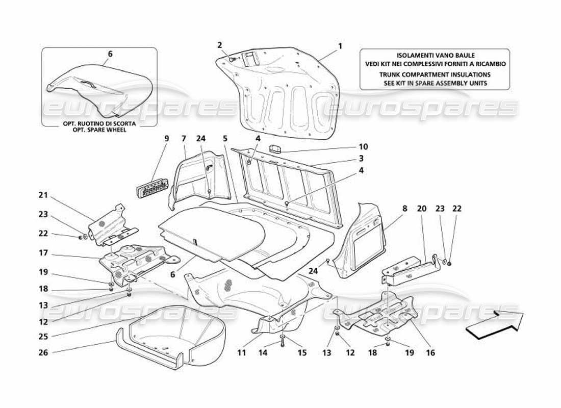 maserati 4200 coupe (2005) garnitures de compartiment de capot de coffre - schéma des pièces d'entrée d'air et de boucliers thermiques