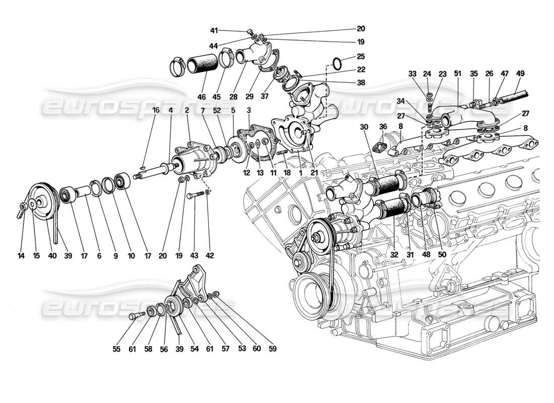 ferrari mondial 3.2 qv (1987) pompe à eau et tuyauterie schéma des pièces