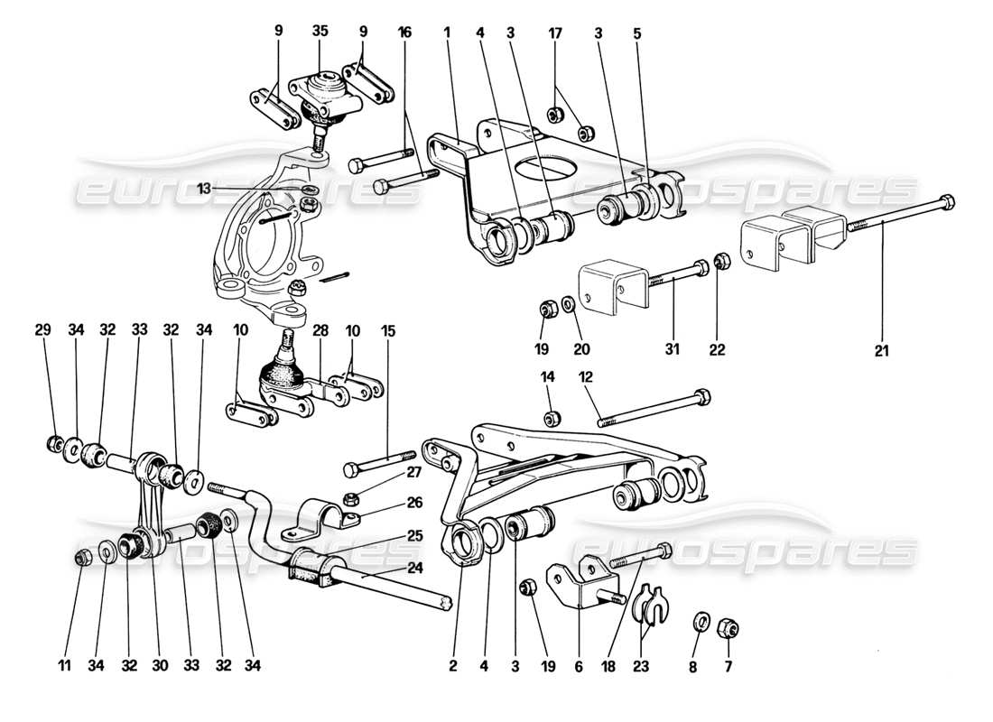 ferrari 328 (1988) suspension avant - triangles de suspension (jusqu'au numéro de voiture 76625) schéma des pièces