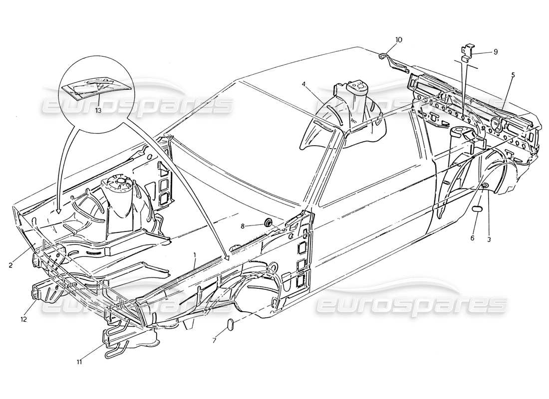 maserati 222 / 222e biturbo coque du corps : panneaux intérieurs schéma des pièces