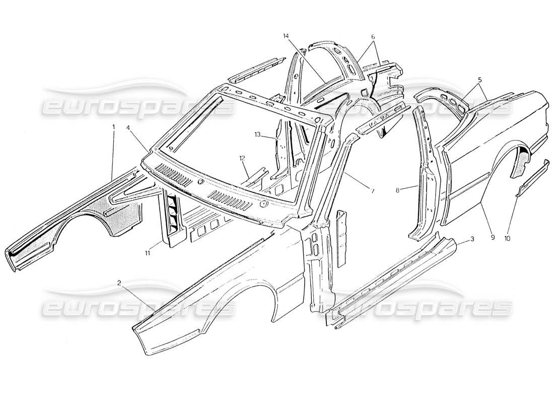 maserati karif 2.8 coque de carrosserie : diagramme de pièces des panneaux extérieurs