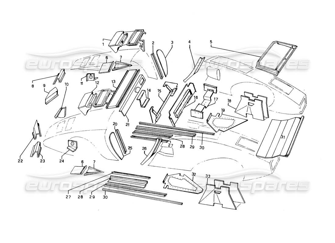 lamborghini countach 5000 qvi (1989) diagramme des pièces des revêtements intérieurs et extérieurs