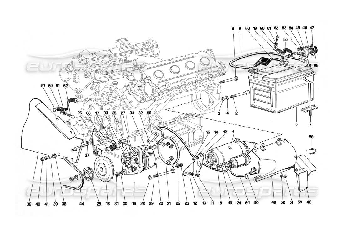 ferrari mondial 3.0 qv (1984) système de production électrique - (moteur avec courroie unique) schéma des pièces