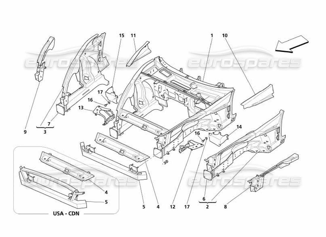 maserati 4200 coupe (2005) diagramme des pièces de la structure avant