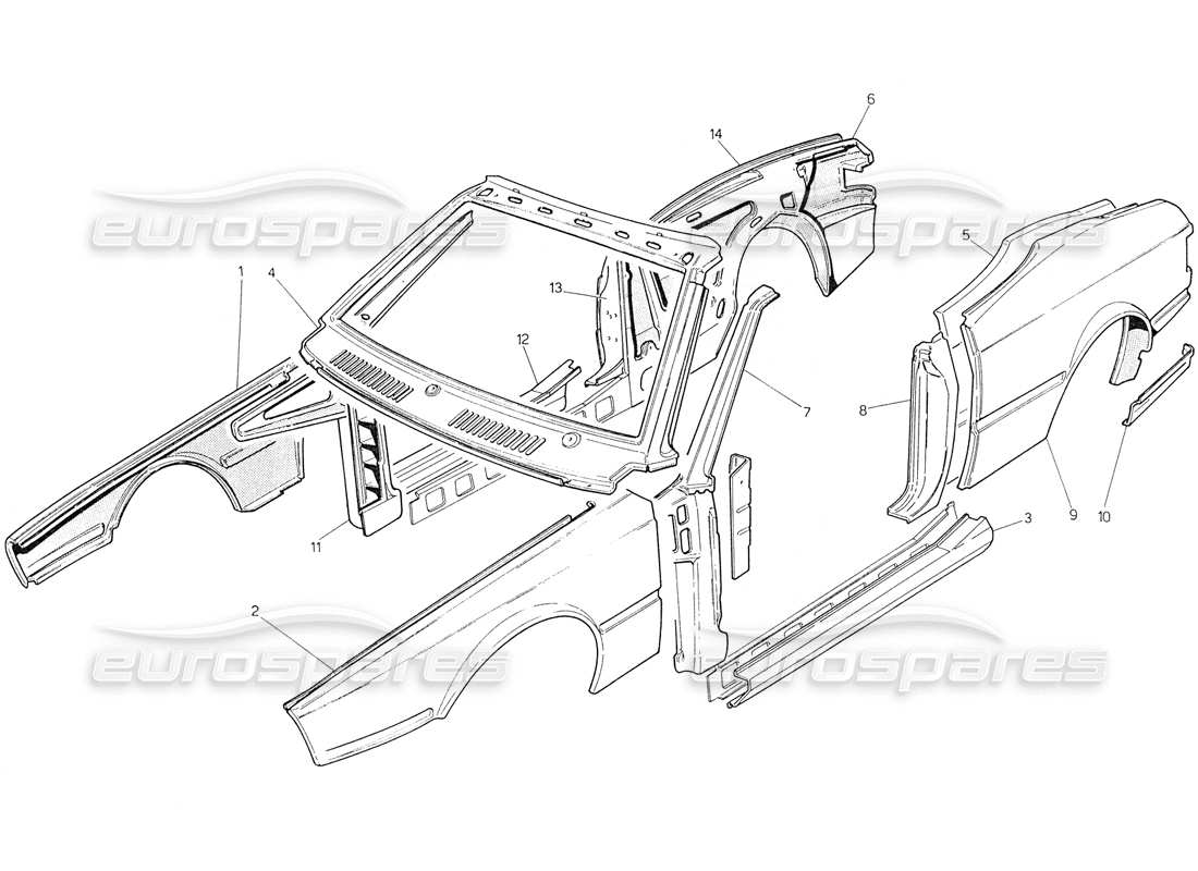 maserati biturbo spider coque de carrosserie : diagramme de pièces des panneaux extérieurs