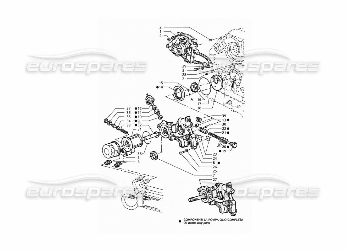 maserati qtp. 3.2 v8 (1999) schéma des pièces de la pompe à huile et de la pompe à eau (pré-modification)